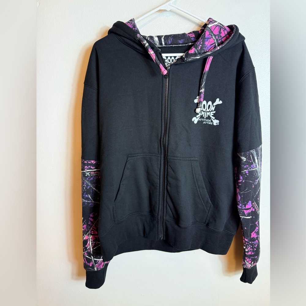 Moon Shine Full Zip Hoodie Womens Black Pink Camo Size Large Grunge Casual